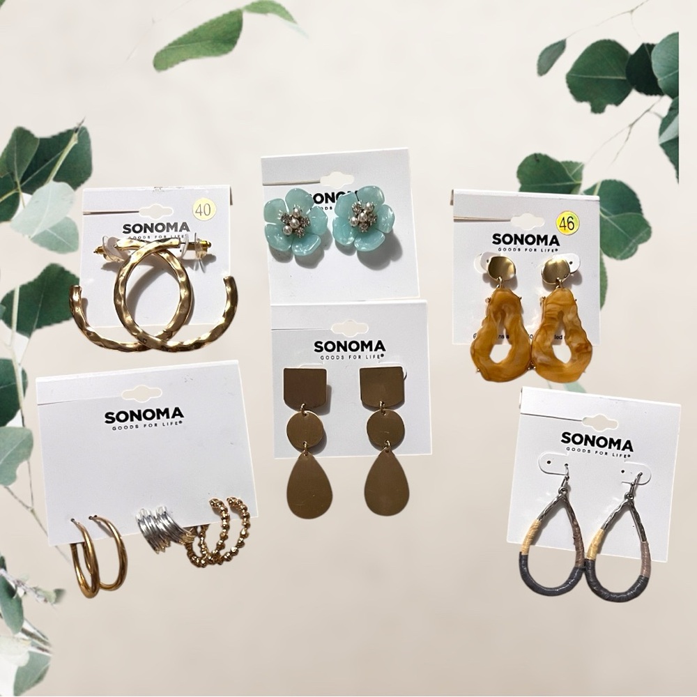 New! SONOMA Mixed Earring Set of 6 -Dangles & Gold Hoop Styles, Floral Stud